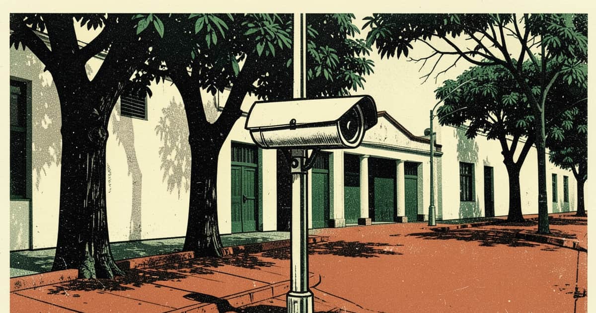 Ilustración editorial de portada sobre Misiones suma cámaras e IA policial sin ley que las regule