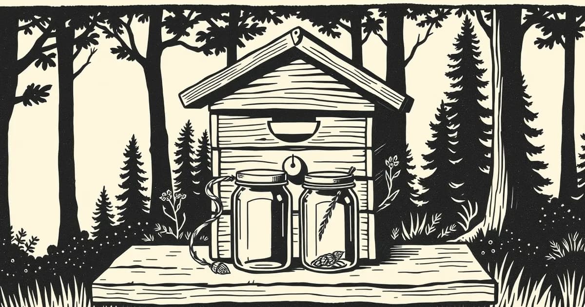 Ilustración en linograbado de una colmena de madera y frascos de miel junto al monte de 25 de Mayo, Misiones