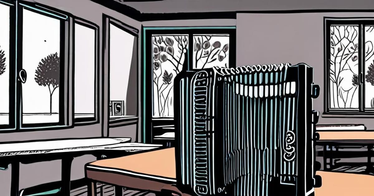 Ilustración en linograbado de un acordeón sobre una mesa en un aula vacía de Posadas, Misiones