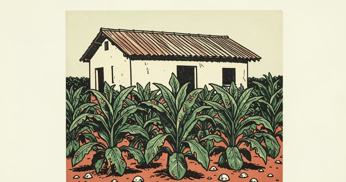 Ilustración en linograbado de una chacra de Fracrán con hojas de tabaco dañadas y una casa al fondo