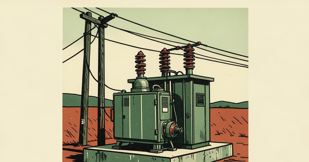 Ilustración en linograbado de una estación transformadora y líneas eléctricas del corredor San Isidro–Alem–Oberá, Misiones