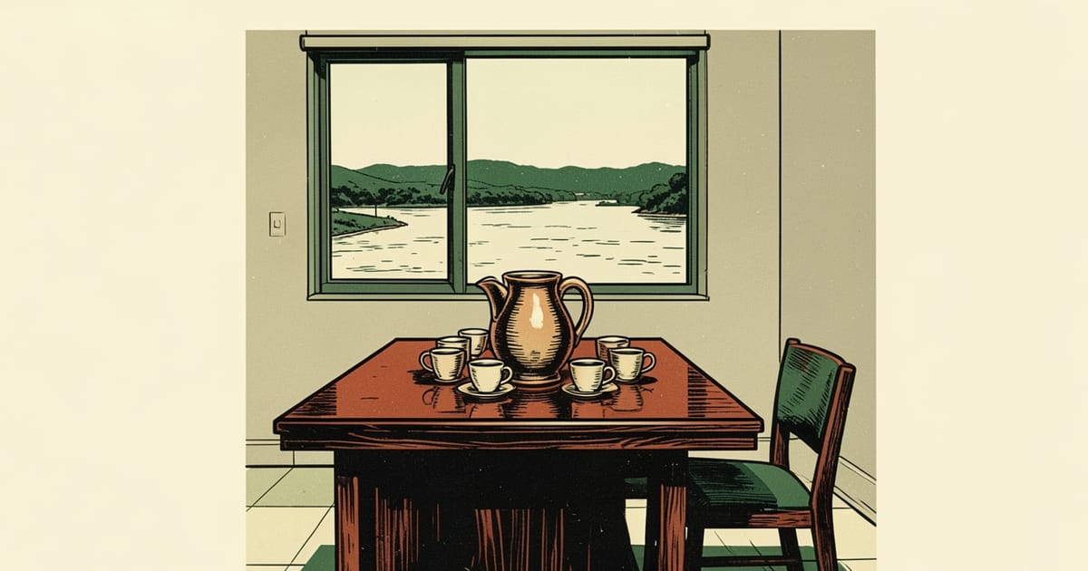 Ilustración en linograbado de una mesa de reuniones con vajilla reutilizable junto a una ventana hacia el río en Posadas