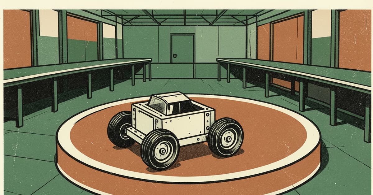 Ilustración de un pequeño robot con ruedas junto a una pista circular, en alusión al encuentro de robótica en Chaco