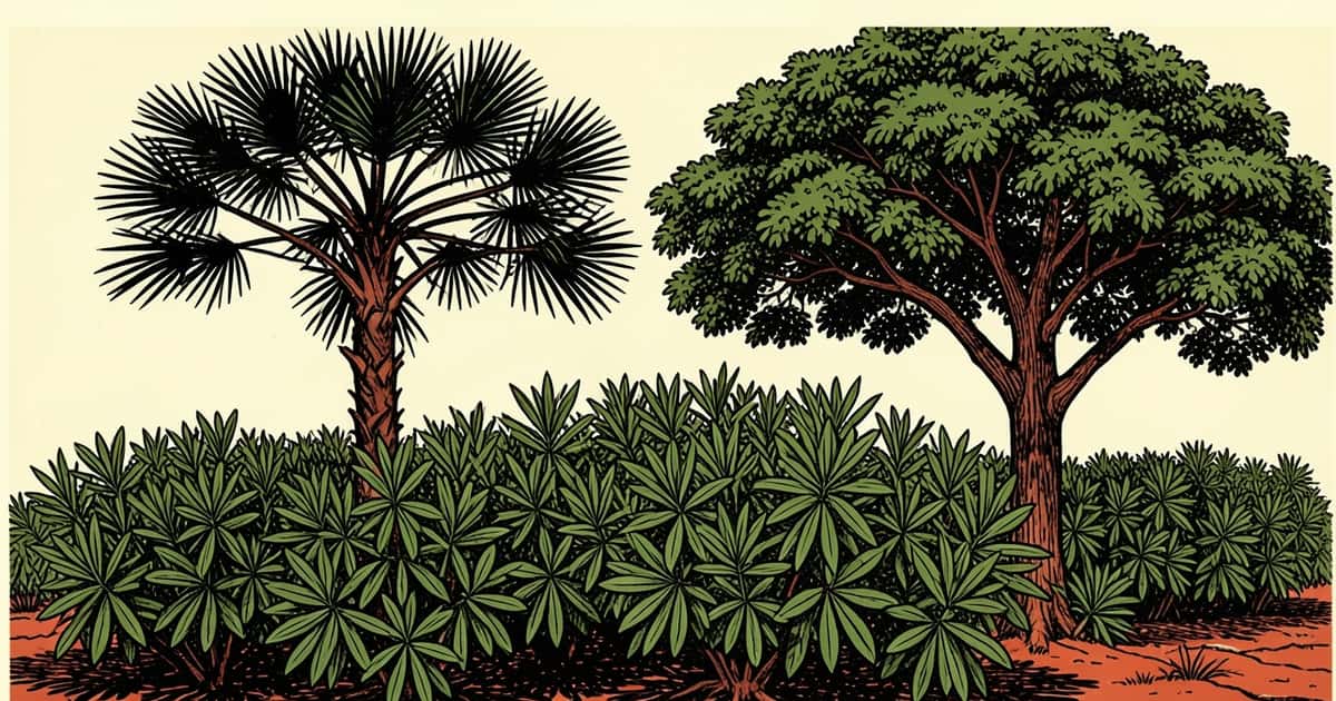 Ilustración de un yerbal misionero con árboles de distintas copas y sectores de sombra sobre la tierra colorada