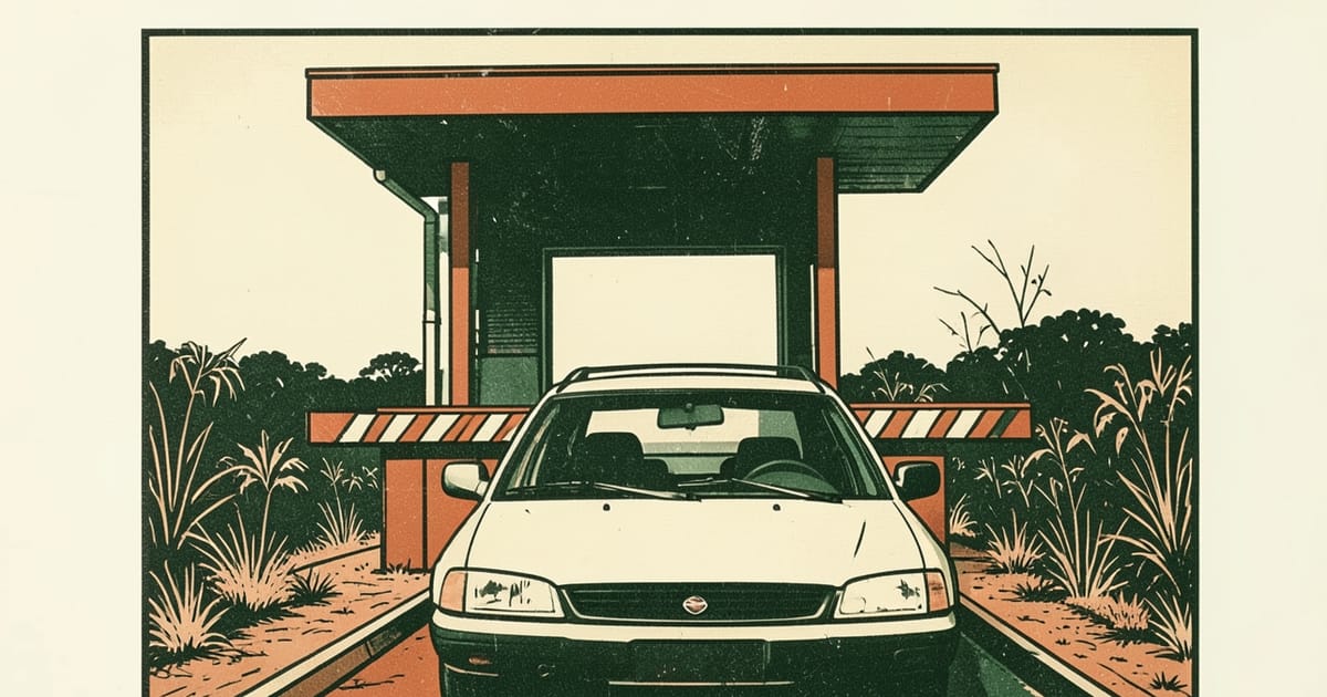 Ilustración en linograbado de una cabina de peaje y un parabrisas con dispositivo adhesivo en Misiones