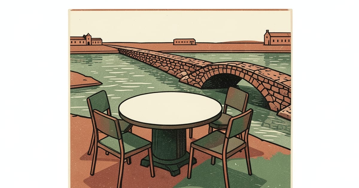 Resumen Mundo del 30/10/2026: linograbado de una mesa de negociación vacía y un puente sobre un río entre dos orillas