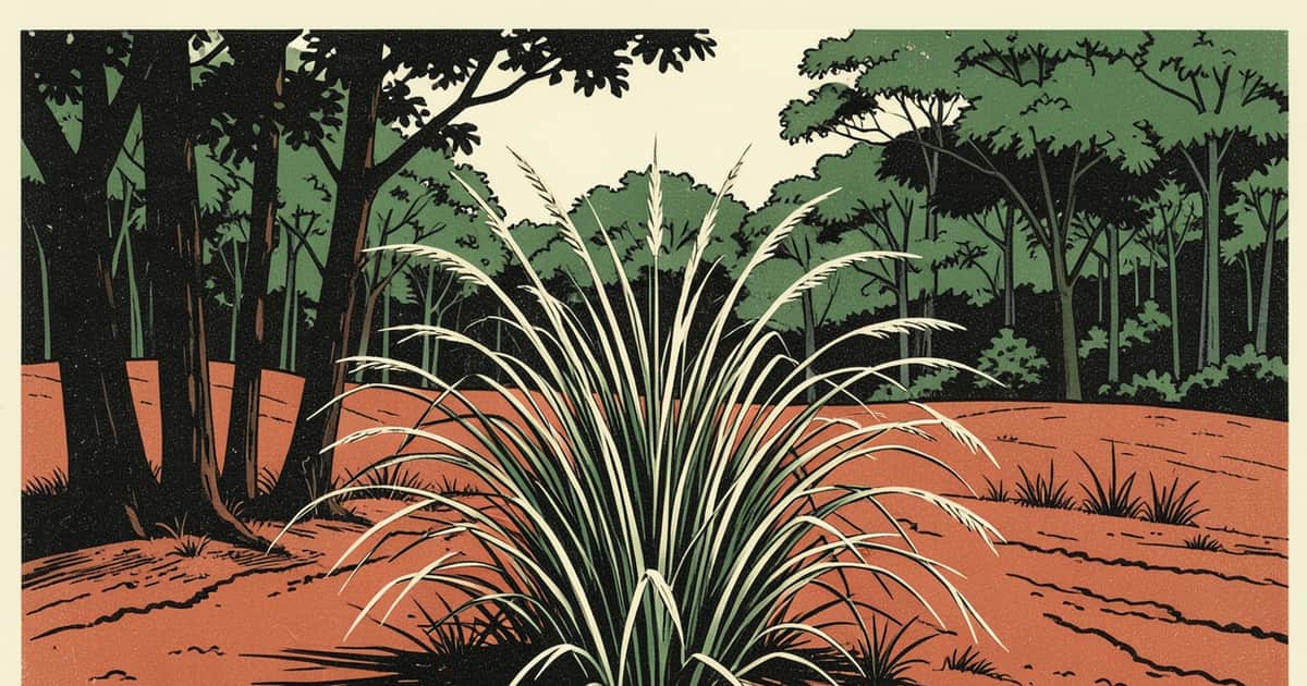 Ilustración en linograbado de pastizales y un borde de bosque que representan la conservación en Fachinal, Misiones