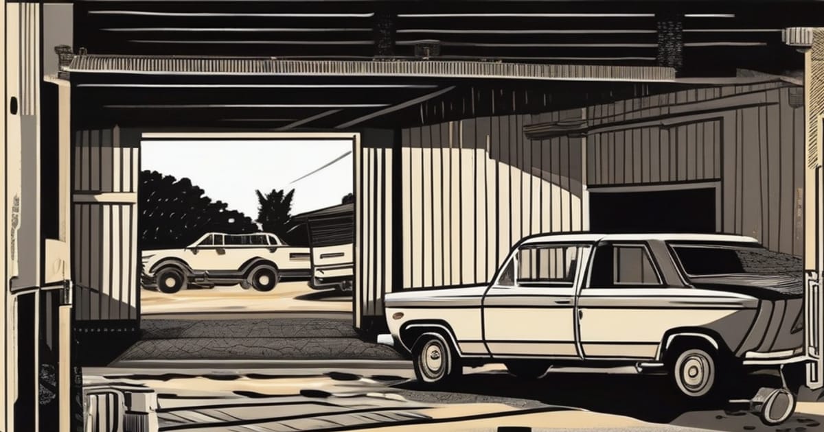 Ilustración en linograbado de una fosa de inspección vehicular vacía en un taller de Posadas, Misiones
