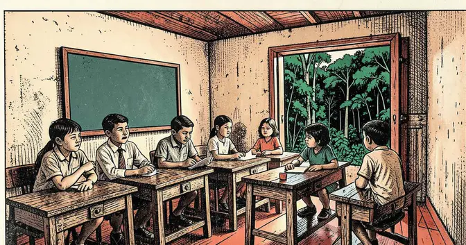 Ilustración editorial de portada sobre Educación primaria en Misiones: estancada desde hace 10 años