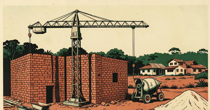 Ilustración editorial de portada sobre Misiones: sube el empleo en construcción, caen los permisos