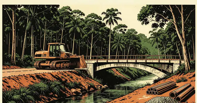 Ilustración editorial de portada sobre Misiones se endeuda para pagar rutas que le tocan a Nación