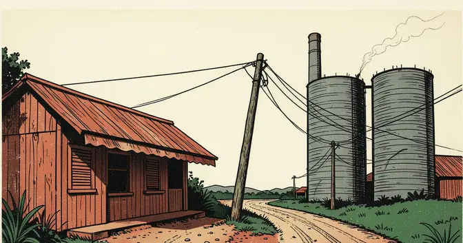 Ilustración editorial de portada sobre Misiones: la luz baja en pymes, sube en la industria