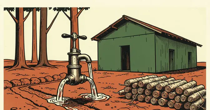 Ilustración editorial de portada sobre Agua: Misiones amplía el alivio, dudas para la mandioca