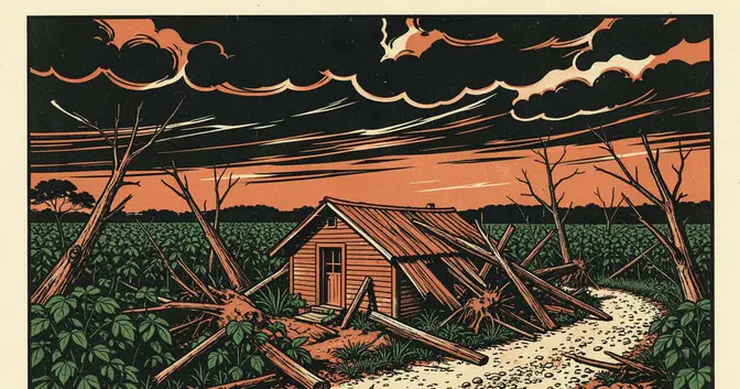 Ilustración editorial de portada sobre San Pedro: un tornado mató a un agricultor 17 años después