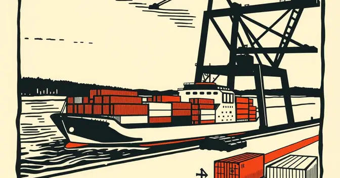 Ilustración editorial de portada sobre Puerto de Posadas se privatiza en la reforma fluvial
