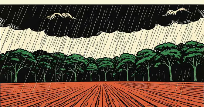 Ilustración editorial de portada sobre Fracrán: lluvias de agosto achican el déficit del año