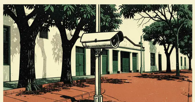 Ilustración editorial de portada sobre Misiones suma cámaras e IA policial sin ley que las regule