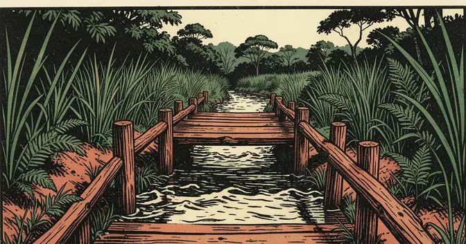 Ilustración editorial de portada sobre Jardín América: el puente provisorio de Tabay se cortó