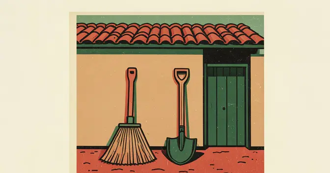 Linograbado de una escoba y una pala junto a un corralón municipal vacío en Dos de Mayo, Misiones