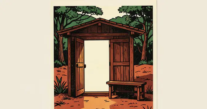 Ilustración editorial de una puerta abierta y un banco vacío bajo un alero en la tierra colorada de Misiones