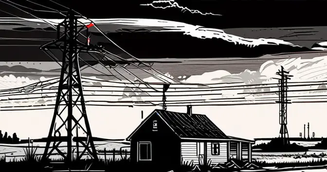 Resumen Mundo del 16/10/2026: linograbado simbólico de una vivienda dañada, una torre eléctrica y un refugio de lona
