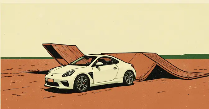 Ilustración conceptual en linograbado de un deportivo junto a una rampa de pruebas, alusiva al Roadster de Tesla