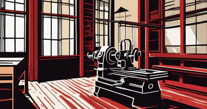 Ilustración en linograbado de un torno y un banco vacío en un taller de formación en oficios de Misiones