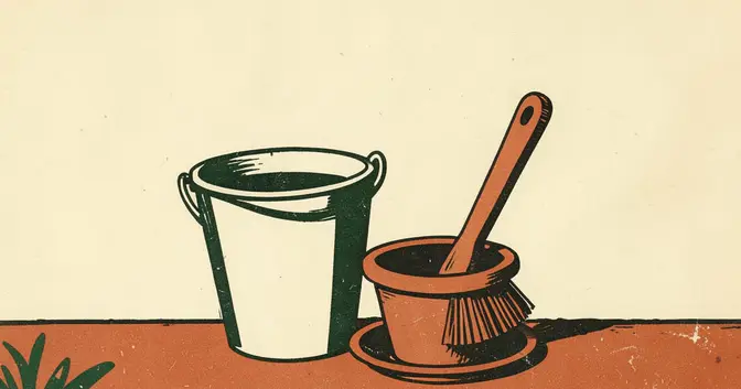 Ilustración en linograbado de un balde, una maceta y un cepillo en un patio de Posadas, Misiones