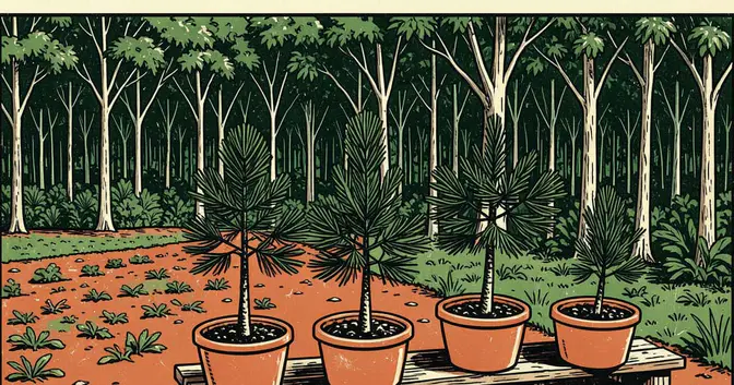 Ilustración en linograbado de plantines nativos junto a una chacra y el monte de Misiones
