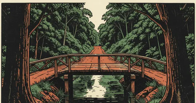 Ilustración en linograbado de un puente bajo y un camino de tierra junto al arroyo Paranay, en Misiones