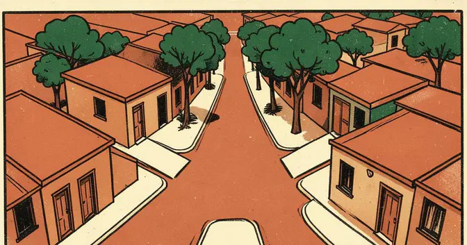Ilustración en linograbado de un cruce de calles y viviendas de Posadas visto desde arriba
