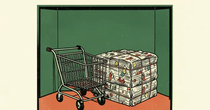 Ilustración de un carro vacío y fardos de materiales reciclables en un centro de acopio de Posadas, Misiones