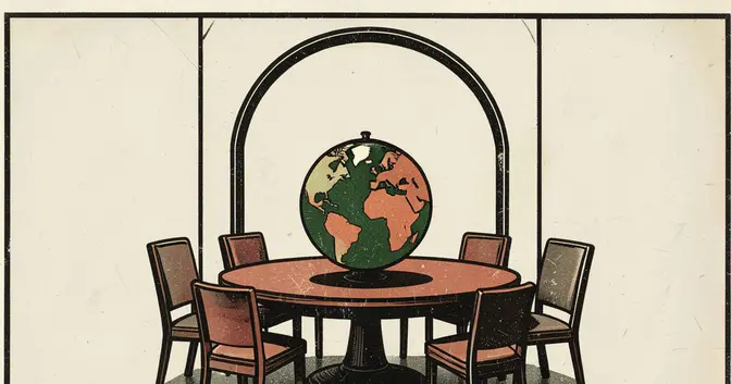 Resumen Mundo del 18/10/2026: linograbado simbólico de una mesa de diálogo y un globo terráqueo entre sillas vacías