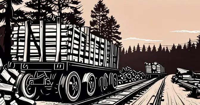 Ilustración en linograbado de un vagón de carga junto a un acopio de madera y un camino en Misiones