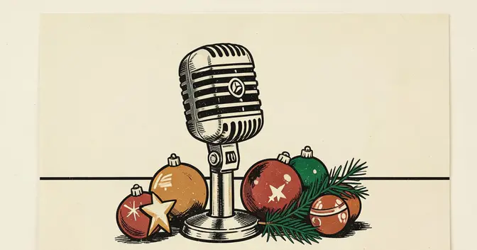Ilustración en linograbado de un micrófono junto a adornos navideños en Capioví, Misiones