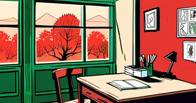 Ilustración en linograbado de un escritorio docente y una silla vacía junto a la ventana de una escuela de Misiones