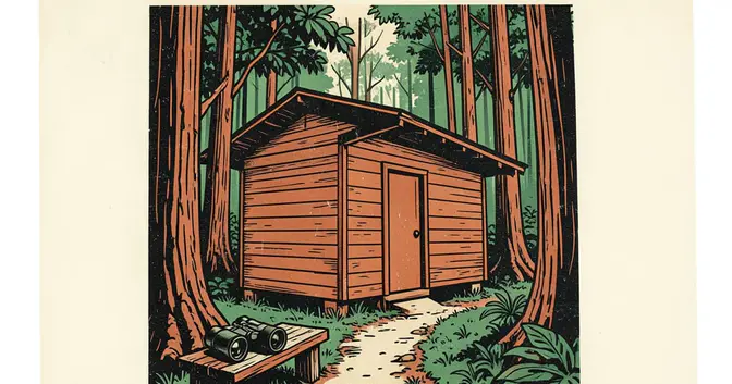 Ilustración en linograbado de un puesto de guardaparques junto a un sendero de la selva misionera