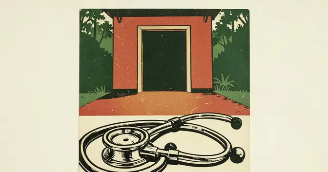Ilustración en linograbado de un estetoscopio junto a la entrada de una escuela de Fracrán