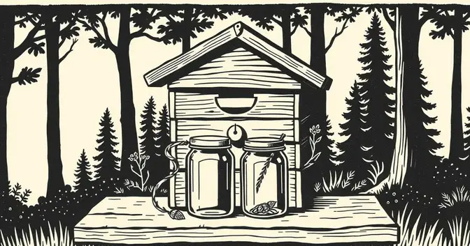 Ilustración en linograbado de una colmena de madera y frascos de miel junto al monte de 25 de Mayo, Misiones