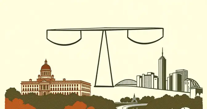Ilustración de una balanza con bloques y edificios, símbolo de la deuda pública y la capacidad de los países para sostenerla.