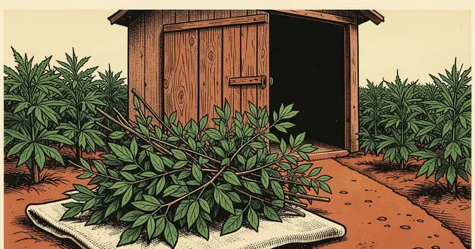 Ilustración en linograbado de un atado de yerba mate sobre una tela junto a un galpón rural de Misiones