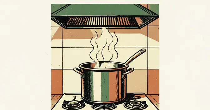 Ilustración en linograbado de una olla y un cucharón en la cocina del comedor universitario de Oberá, Misiones