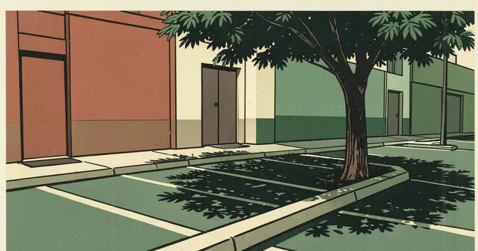 Ilustración en linograbado de espacios de estacionamiento junto a una vereda arbolada de Posadas, Misiones