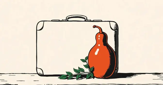 Ilustración en linograbado de un mate, hojas de yerba y una valija lisa como símbolos de la promoción exterior de Misiones