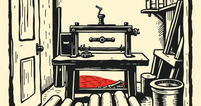 Ilustración en linograbado de un banco de trabajo con piezas metálicas y una prensa en un taller de Misiones