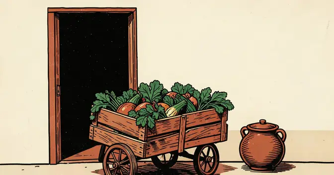Ilustración en linograbado de cajones de verduras sobre un carro junto a la entrada de un comedor en Misiones