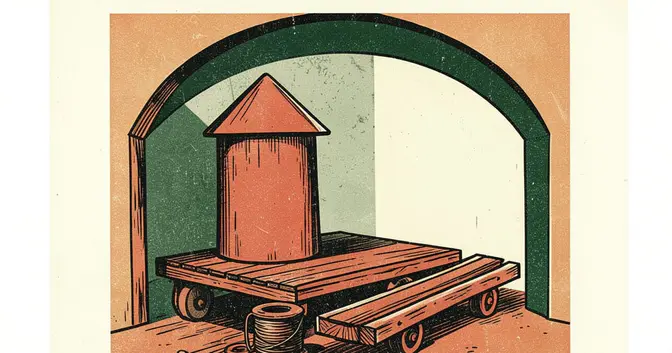 Ilustración de una carroza con ruedas y estructura de madera en un taller de Posadas, Misiones