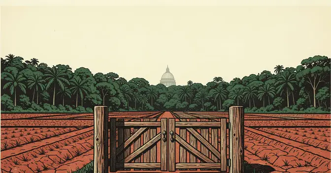 Ilustración de una tranquera entre chacras de tierra colorada y monte misionero, con el Congreso al fondo