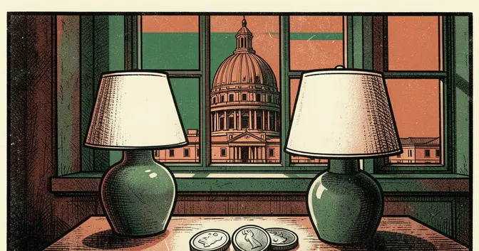 Resumen Argentina del 21 de octubre de 2026: linograbado de una mesa doméstica con monedas y una lámpara, frente al Congreso