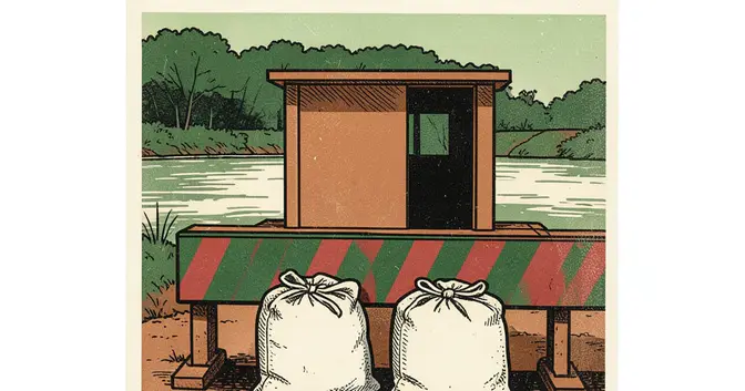 Ilustración en linograbado de bolsas lisas junto a una caseta aduanera y una barrera en la frontera de Misiones